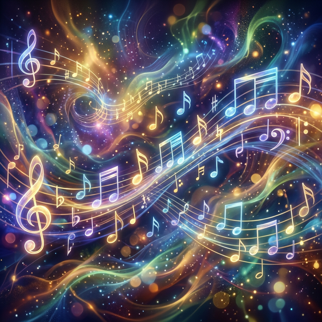 Swirling musical notes and clefs floating in a colorful cosmic space